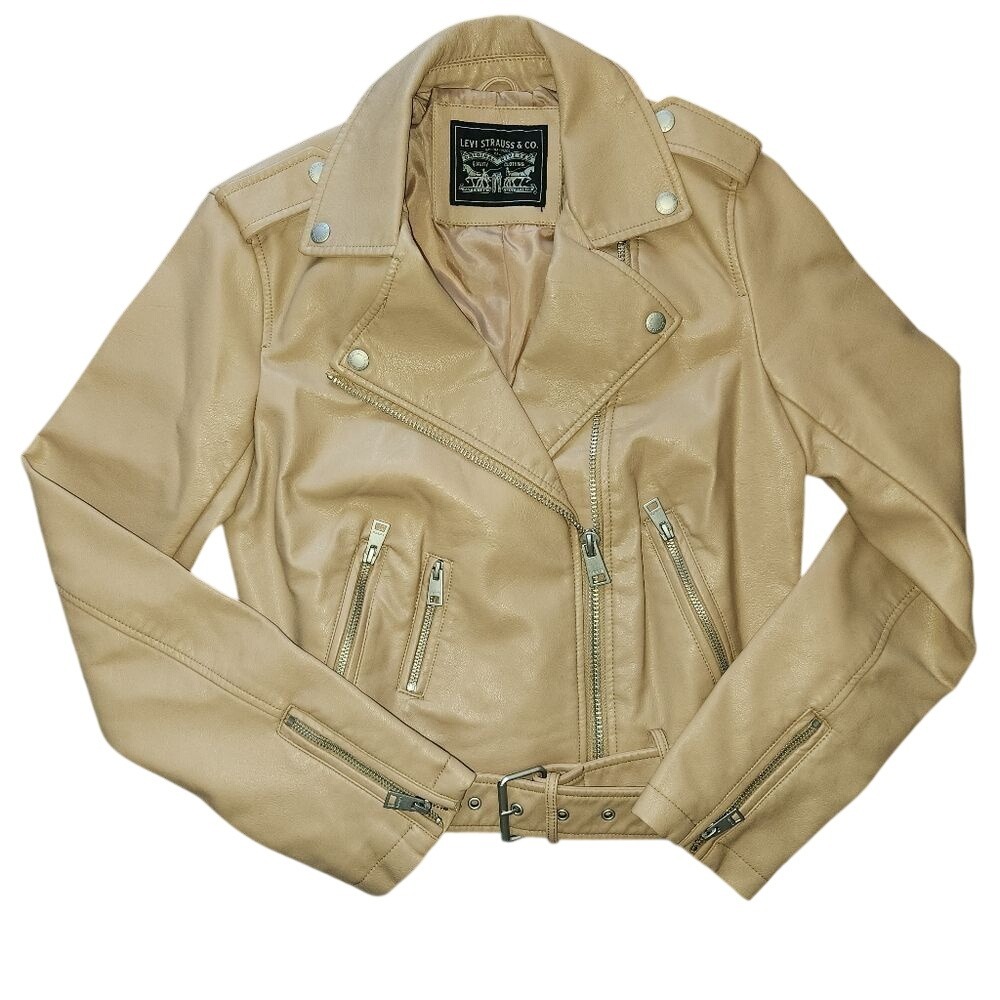 Levi Strauss & Co. Faux Leather Motorcycle Jacket, Beige, Moto Biker, Full Zip